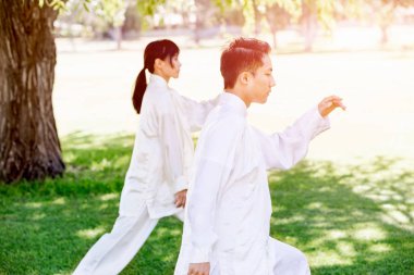 Yakışıklı adam Thai Chi yapıyor.