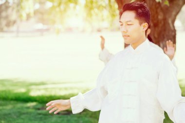 Yakışıklı adam Thai Chi yapıyor.