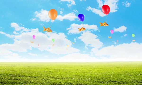 Goldfish voa em balão. Meios mistos — Fotografia de Stock