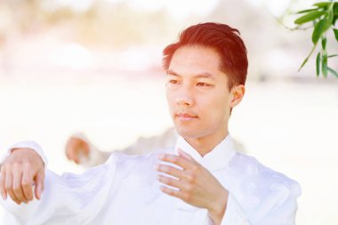 Yakışıklı adam Thai Chi yapıyor.