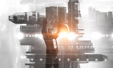 Hokey oyuncu kutluyor zafer. Karışık teknik