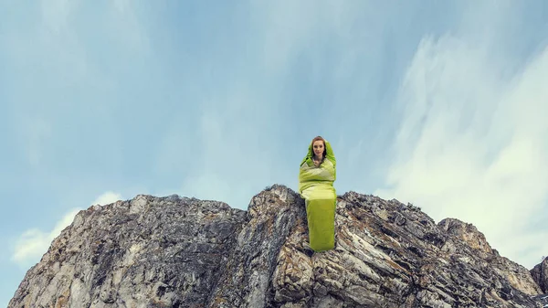 Girl tourist having rest. Mixed media — Stock Photo, Image