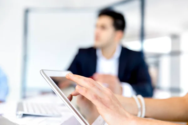 Hand touching screen of digital tablet — Stock Photo, Image