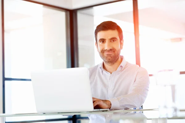 Schöner Geschäftsmann, der am Computer arbeitet — Stockfoto