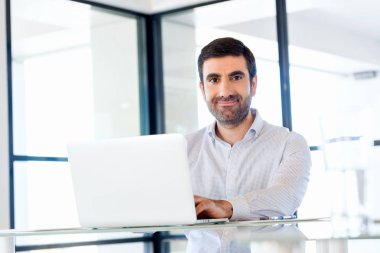 Bilgisayarda çalışan yakışıklı işadamı