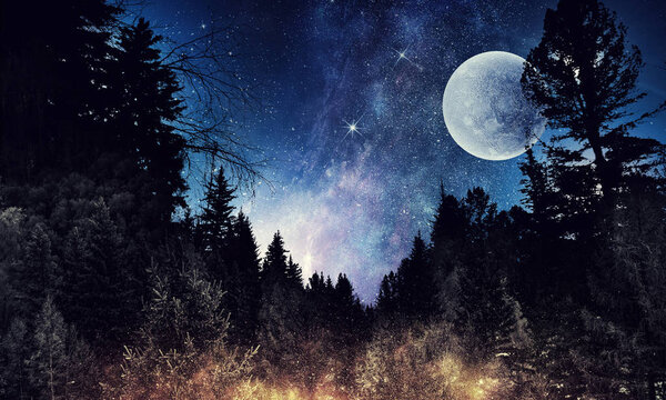 Abstract natural background with full moon in night sky. Mixed media