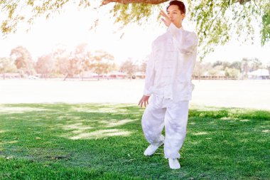 Yakışıklı adam Thai Chi yapıyor.