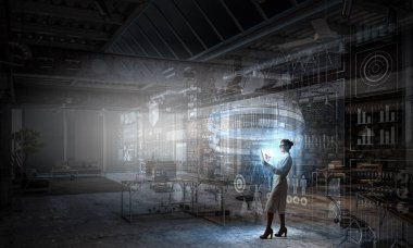 Bilim adamı kadın araştırma yapıyor. Karışık teknik