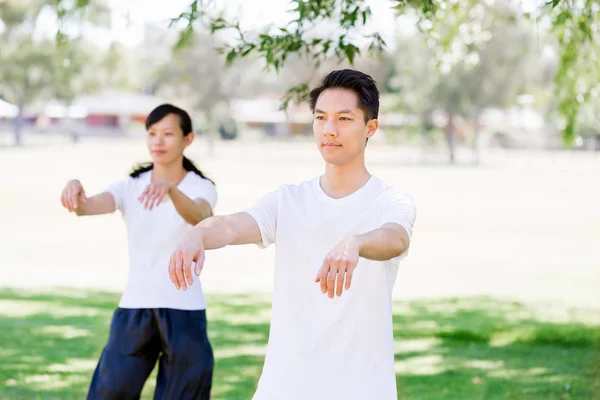 Människor som utövar thai chi i park — Stockfoto