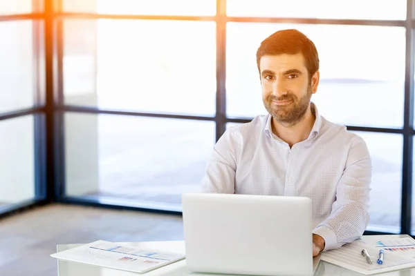 Schöner Geschäftsmann, der am Computer arbeitet — Stockfoto