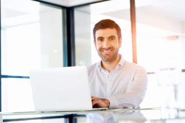 Bilgisayarda çalışan yakışıklı işadamı