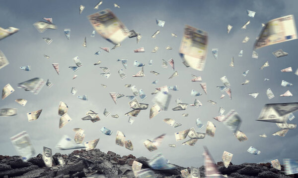 Falling money banknotes. Mixed media