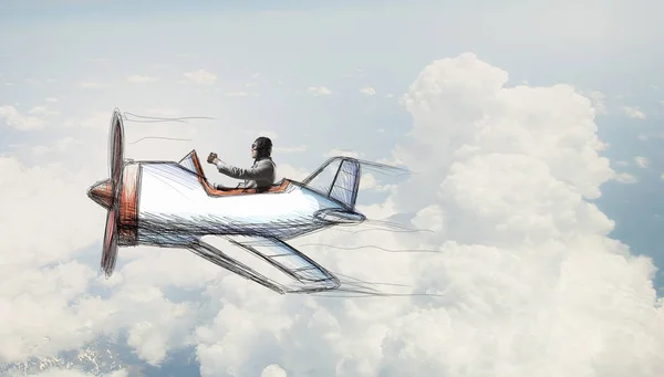 レトロな飛行機を飛んでいる男。ミクスト メディア — ストック写真