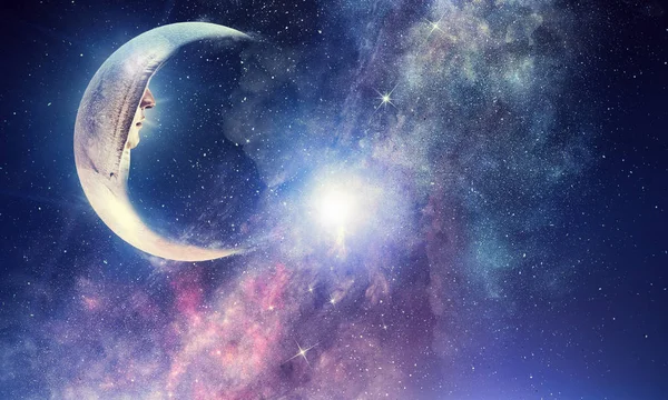 Yıldızlı gökyüzü ve ay. Karışık teknik — Stok fotoğraf