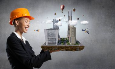 Kadın sunan inşaat projesi. Karışık teknik