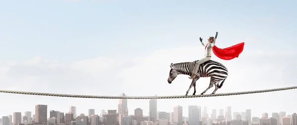 Geschäftsfrau reitet Zebra. Gemischte Medien — Stockfoto