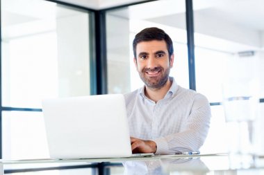 Bilgisayarda çalışan yakışıklı işadamı