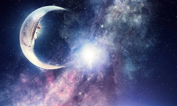 Stjärnhimmel och månen. Mixed media — Stockfoto