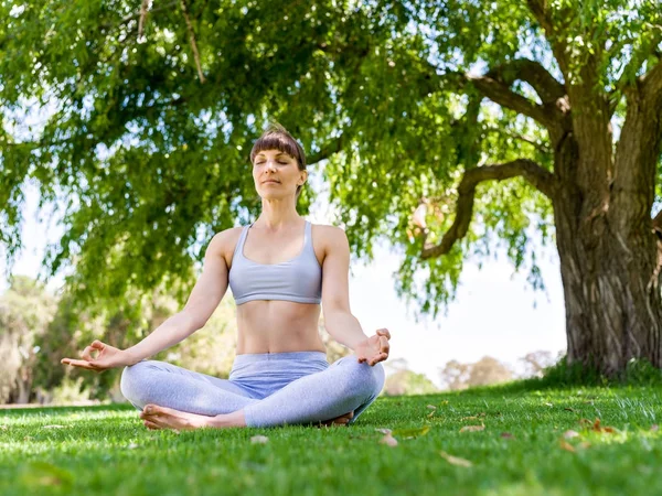 Genç kadın parkta yoga yapıyor. — Stok fotoğraf