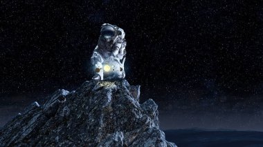 Rock kenarında uzay adamı. Karışık teknik