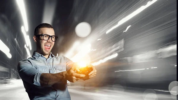 Gamer guy with joystick — Stock Photo, Image