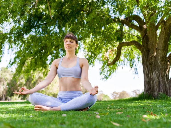 Genç kadın parkta yoga yapıyor. — Stok fotoğraf