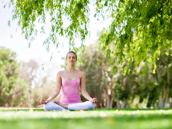 Mujer joven haciendo yoga en el parque — Foto de Stock