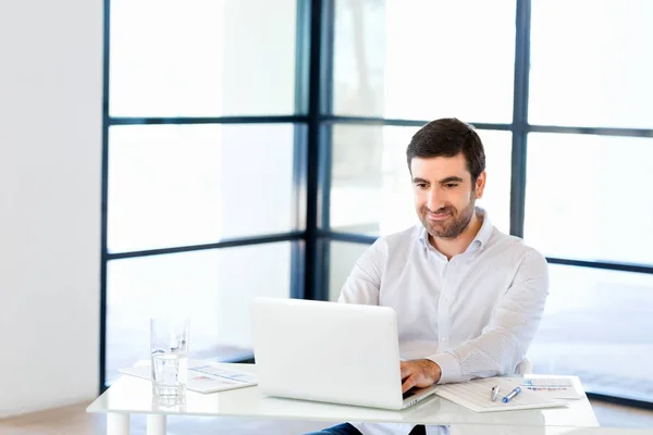 Knappe zakenman werkt op computer — Stockfoto