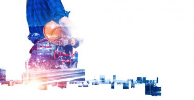 Mühendis kadın ve cityscape. Karışık teknik