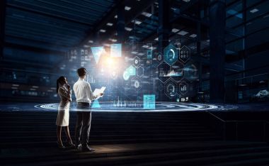 Karanlık ofiste iş adamları. Karışık teknik