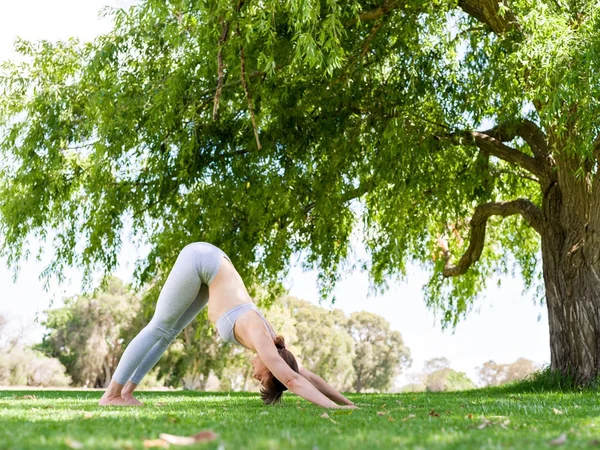 Mujer joven practicando yoga en el parque — Foto de Stock