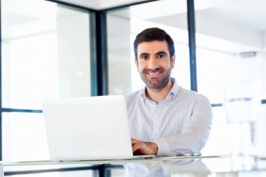 Bilgisayarda çalışan yakışıklı işadamı