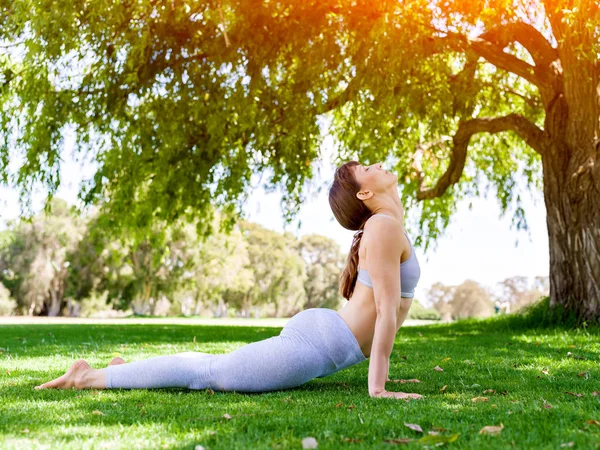 Genç kadın parkta yoga yapıyor. — Stok fotoğraf