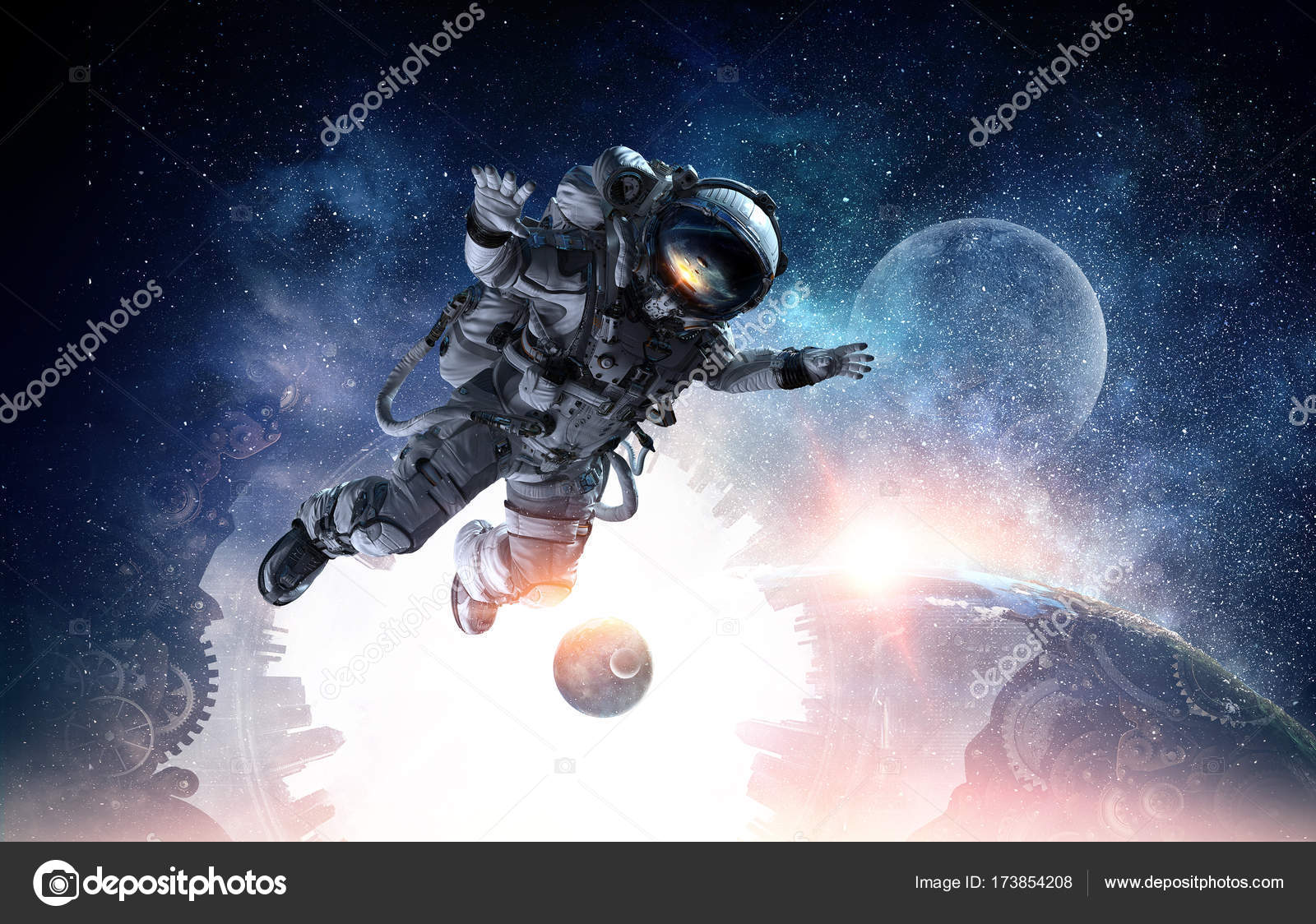 Astronaut in the space over the nightly planet Earth. Abstract wallpaper.  Spaceman. Elements of this image furnished by NASA Stock Photo