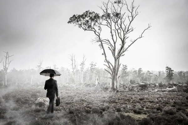 Homme dans la forêt brumeuse. Techniques mixtes — Photo