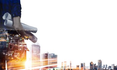 Mühendis kadın ve cityscape. Karışık teknik