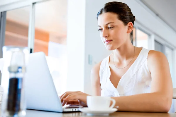 Mladá krásná žena pracující na svém laptopu — Stock fotografie