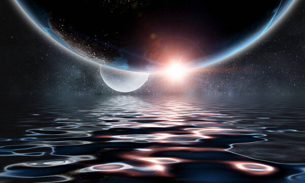Fantasy image with space planets and sea waters. Elements of this image are furnished by NASA