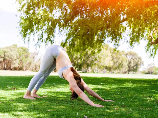 Молодая женщина, практикующая йогу в парке — стоковое фото
