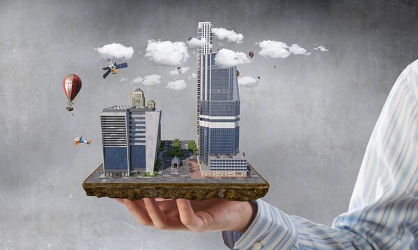 Urban construction development. Mixed media