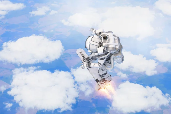 Spaceman vliegen met bestuur. Mixed media — Stockfoto