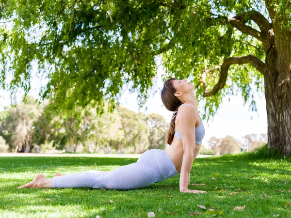 Jonge vrouw het beoefenen van yoga in het park — Stockfoto