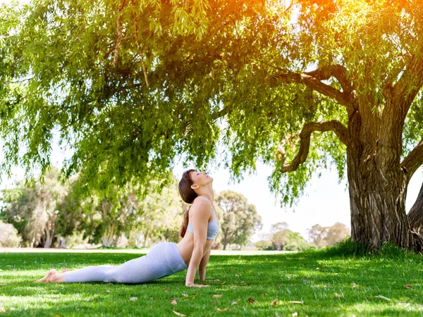 Genç kadın parkta yoga yapıyor. — Stok fotoğraf