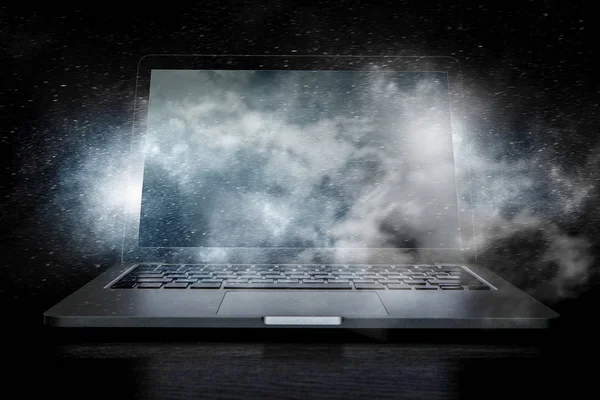 Laptop a csillagos ég. Vegyes technika — Stock Fotó