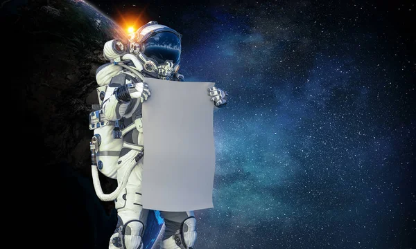 Spaceman met banner. Mixed media — Stockfoto