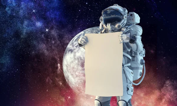 Hombre del espacio con pancarta. Medios mixtos —  Fotos de Stock