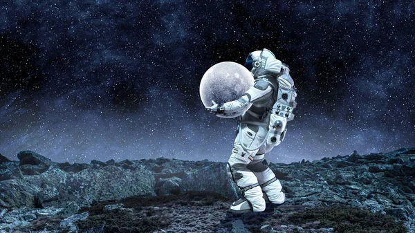 Διαστημάνθρωπου που μεταφέρουν την αποστολή του. Μικτή τεχνική — Φωτογραφία Αρχείου