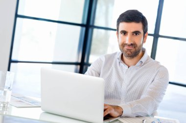 Bilgisayarda çalışan yakışıklı işadamı