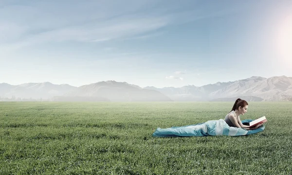 Girl tourist having rest. Mixed media — Stock Photo, Image