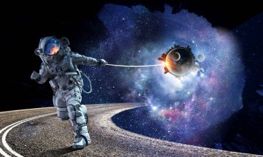 Fantezi görüntü uzay adamı yakalamak gezegen ile. Karışık teknik